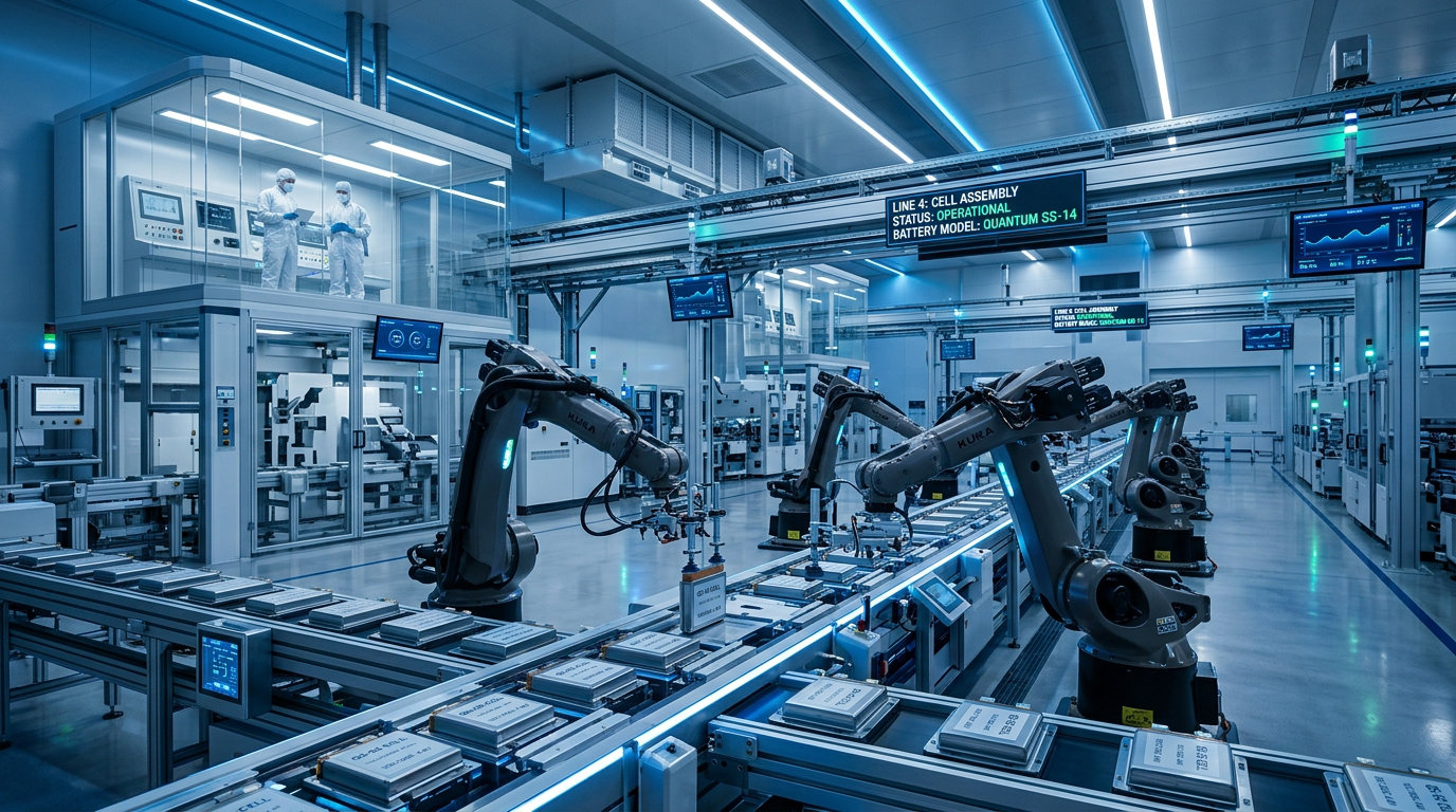 KI-generierte Vision einer futuristischen Produktionshalle für Feststoffbatterien